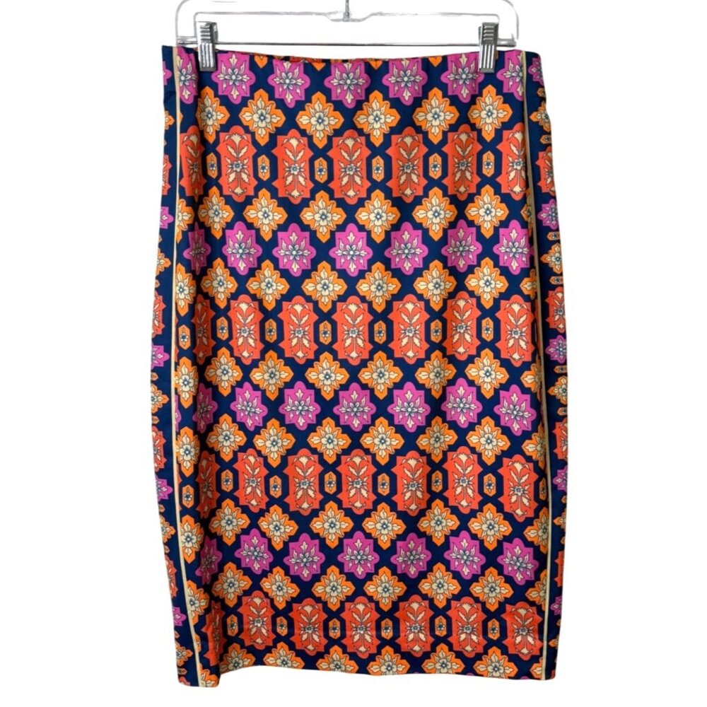 Gretchen Scott Haveli Pencil Skirt Orange Pink Blue Geometric Stretch Size L - Picture 2 of 6